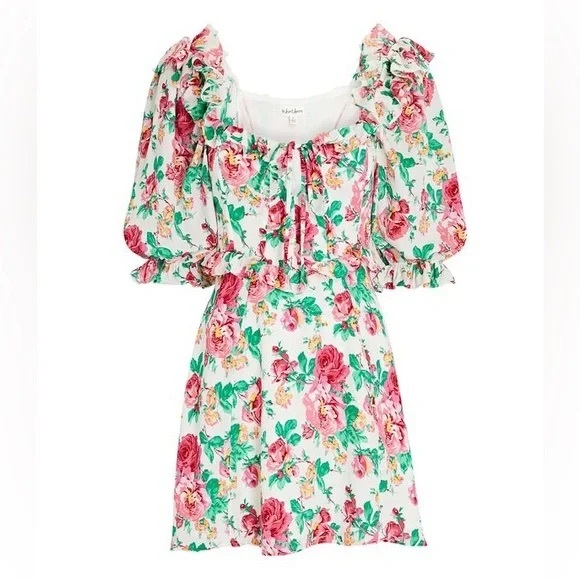For Love & Lemons Loretta Mini Dress Floral Puff Sleeve Cutout M - Picture 5 of 10